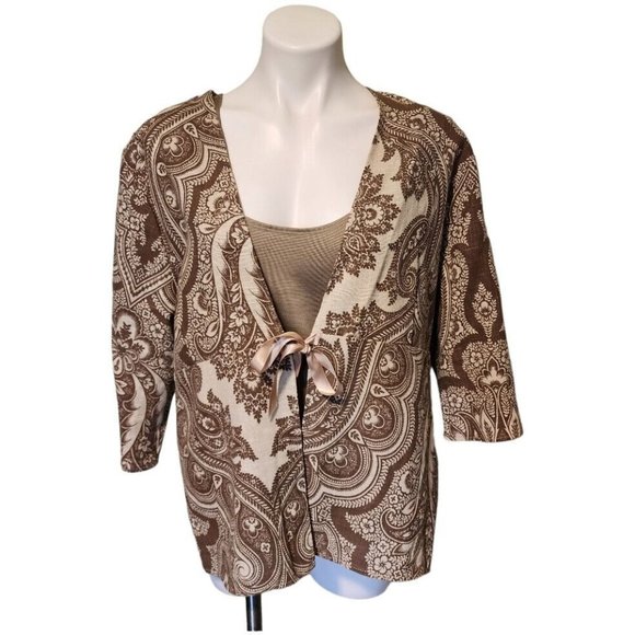 Cloz's NY Vintage Cotton Tan Paisley Floral Tie Front Women's Large Cardigan - Picture 9 of 9
